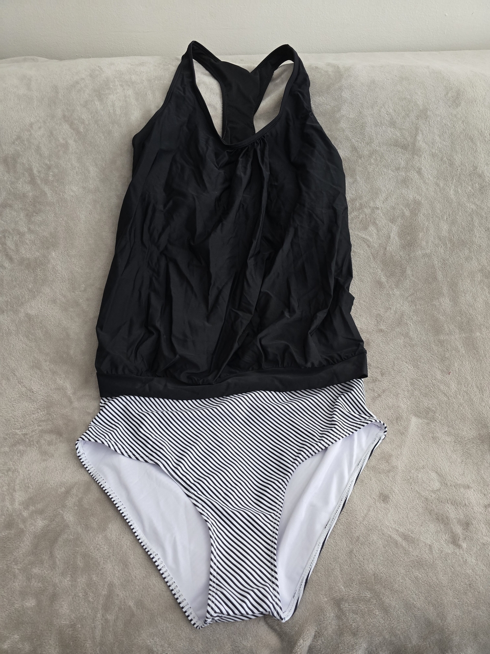Black Tankini One-Piece with Black & White Striped Bottom - Women Swim